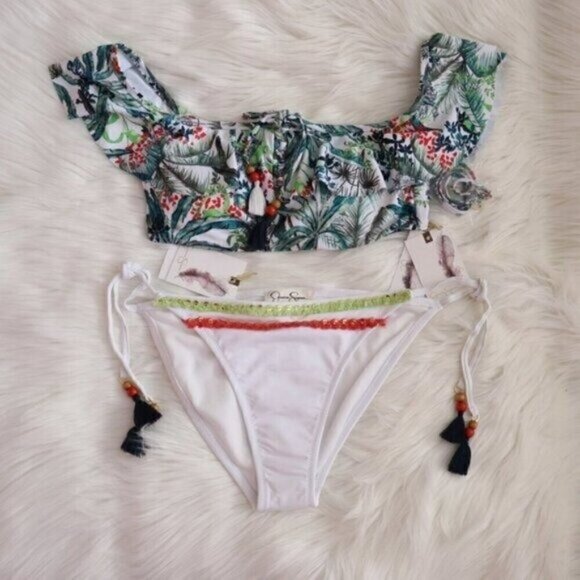 NWT Jessica Simpson Tropical Printed Bikini Set Size XL White Green Bathing Suit - Picture 1 of 10